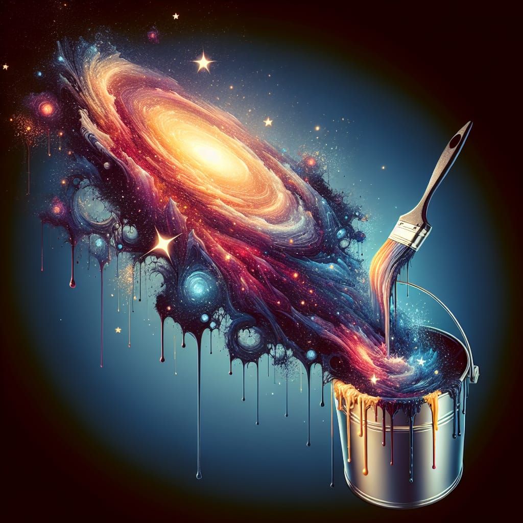 Galaxy with a paint bucket tipped over on its side with stars flowing out like spilled paint