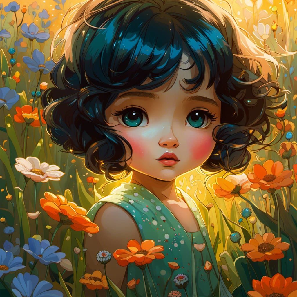 cute chibi girl in a wildflower field