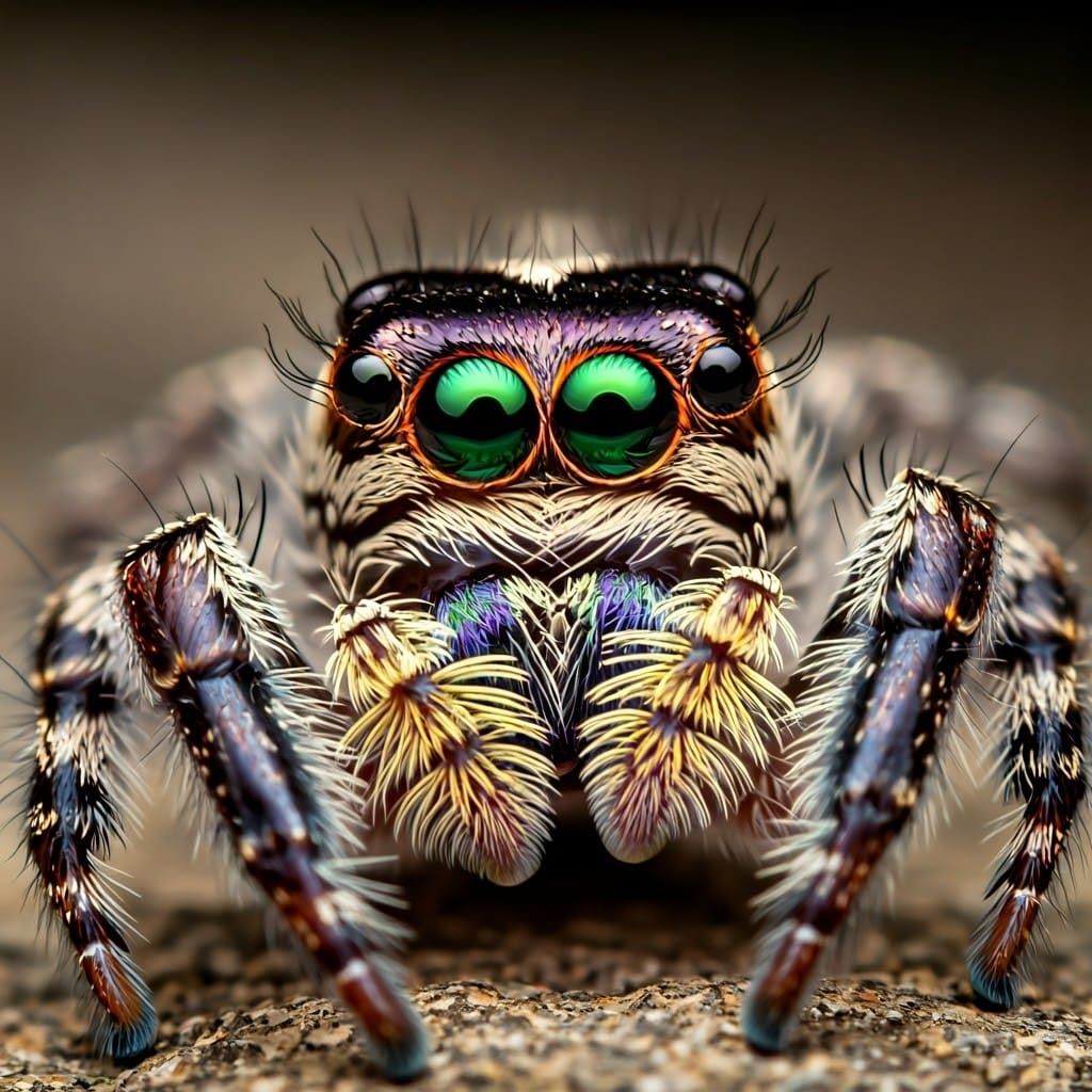 Emerald Eyes Shine Bright in Joyful Jumping Spider Portrait