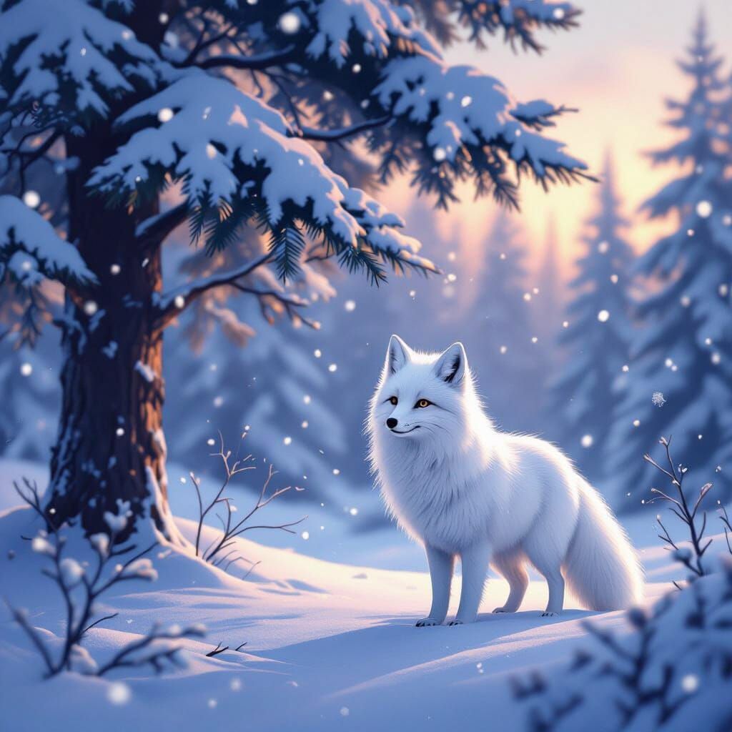 Arctic Fox in Snowy Forest at Winter Dawn