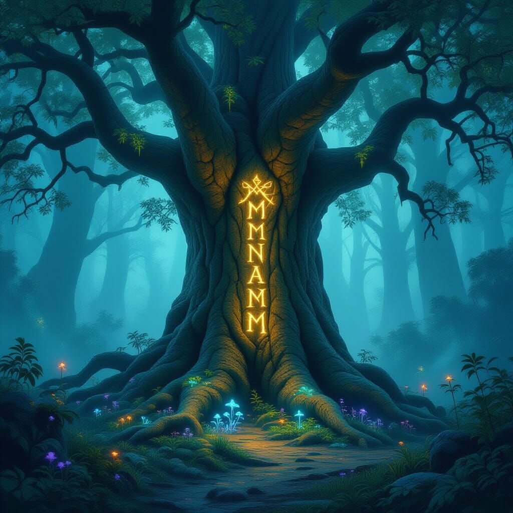 Majestic Ancient Tree in Misty Enchanted Forest