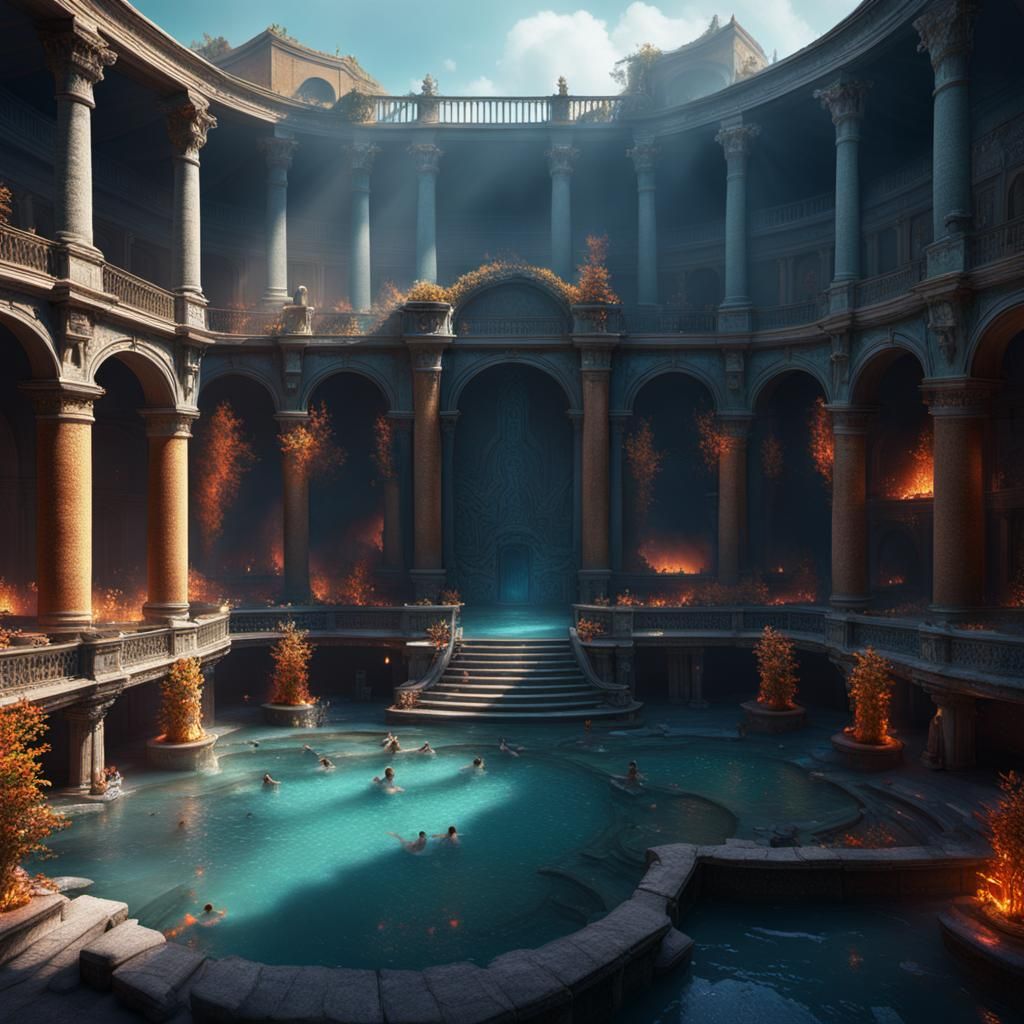 Busy Thermal Baths in Naples: Fantasy Concept Art