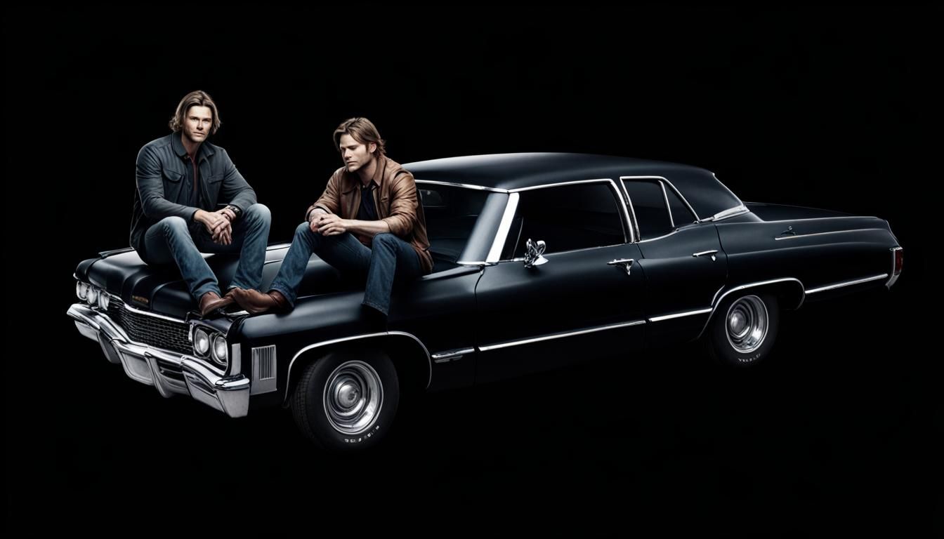 Two Men Smiling on a Black Chevy Impala