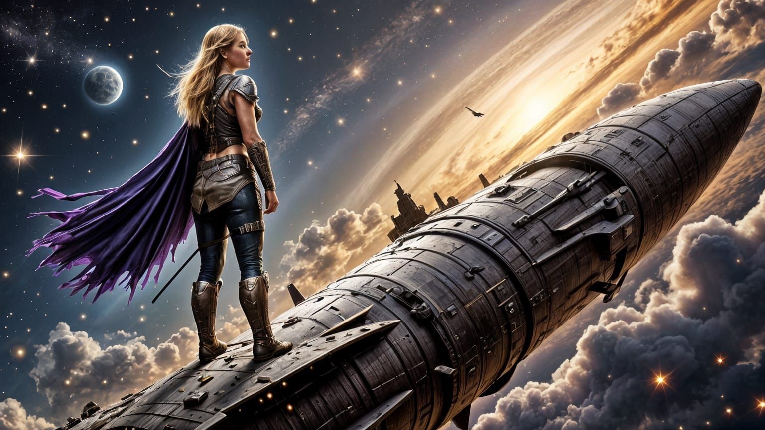 Warrior Ascends Derelict Airship Amidst Cosmic Nebula