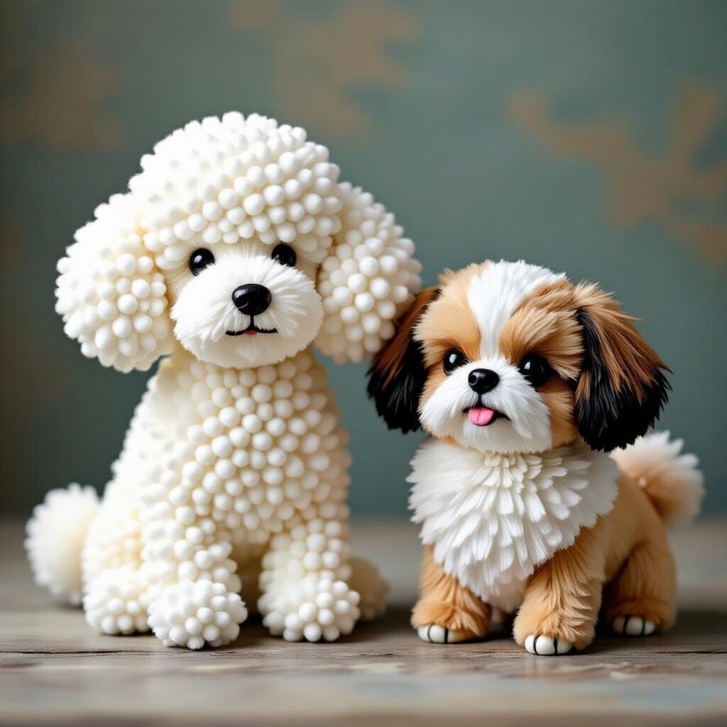 Textured mixed media 3d cute poodle and Pekingese made of wh...