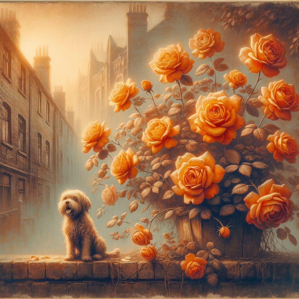 Nostalgic Sepia Roses Bloom with Dog