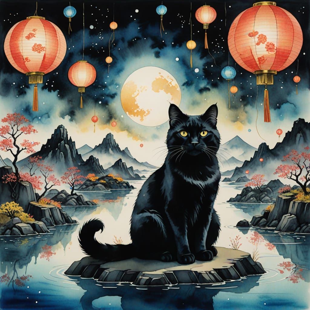 Cosmic Cat in Surreal Ink Wash Dreamscape