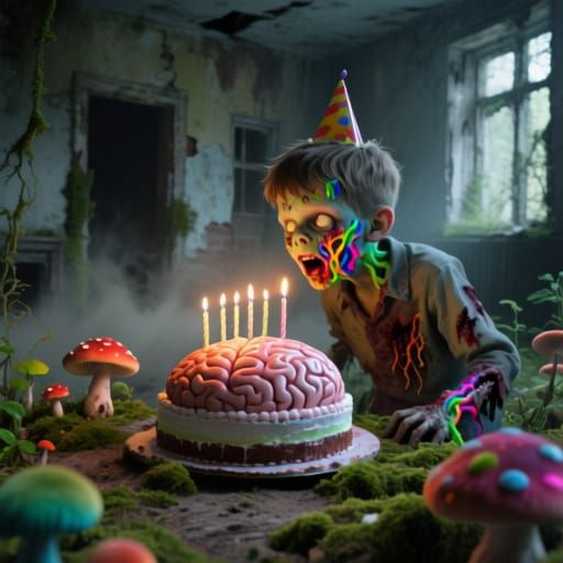 Zombie Birthday Party in Ruined House with Brain Cake