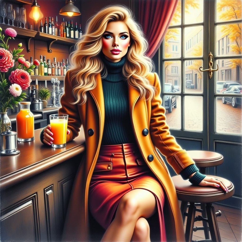 Elegant Woman at Bar in Golden Hour Watercolor