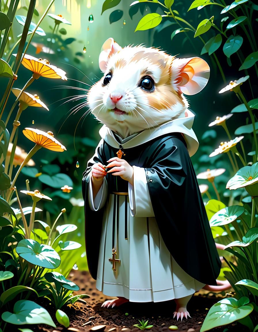 Adorable Hamster Nun in Garden: Digital Concept Art