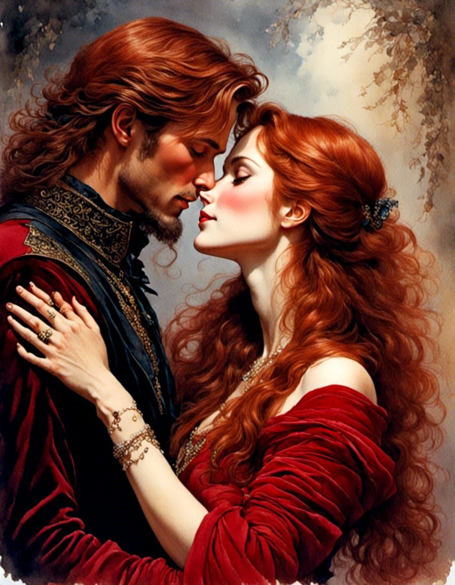 Auburn Haired Woman in Velvet Kissing a Man