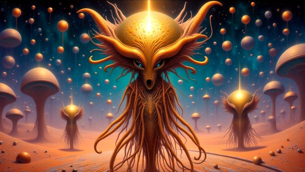 Mesmerizing Alien Portrait on Alien Planet in Gold Foil