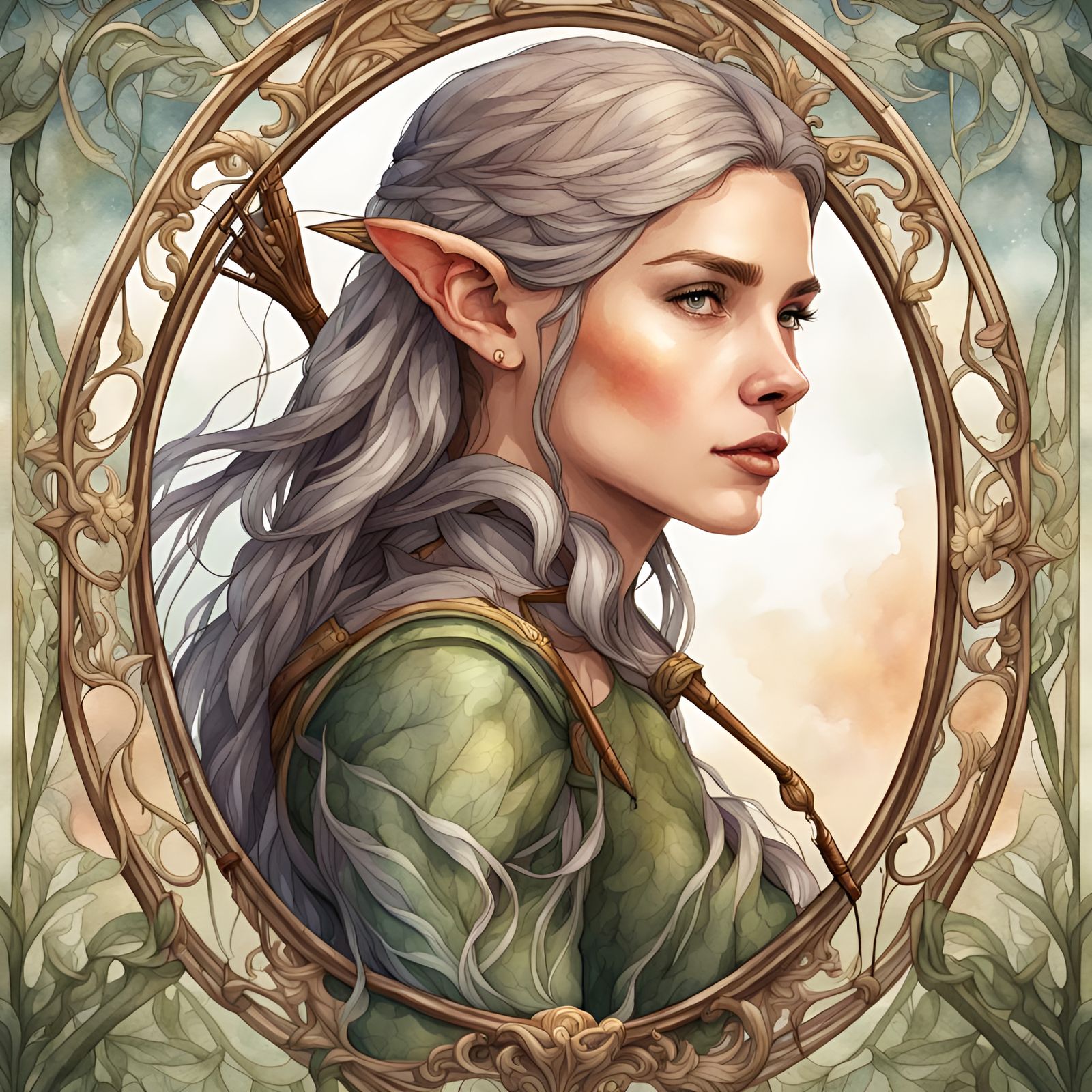 Art Nouveau Elven Archer Portrait in Watercolor Style