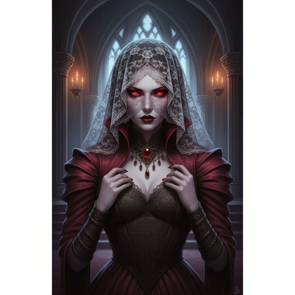 Gothic Vampire Queen with Crimson Eyes and Lace Veil