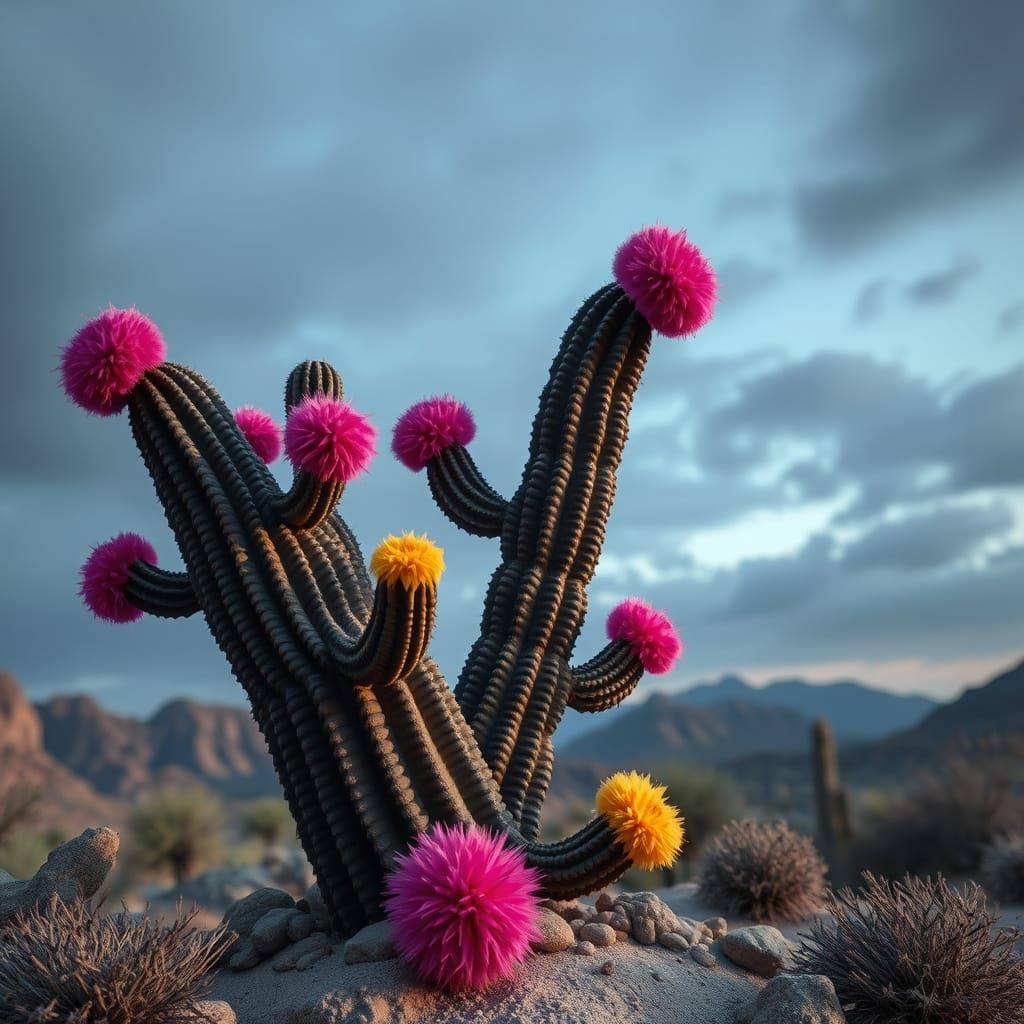 Clay Saguaro Cactus Sculpture with Pom Poms