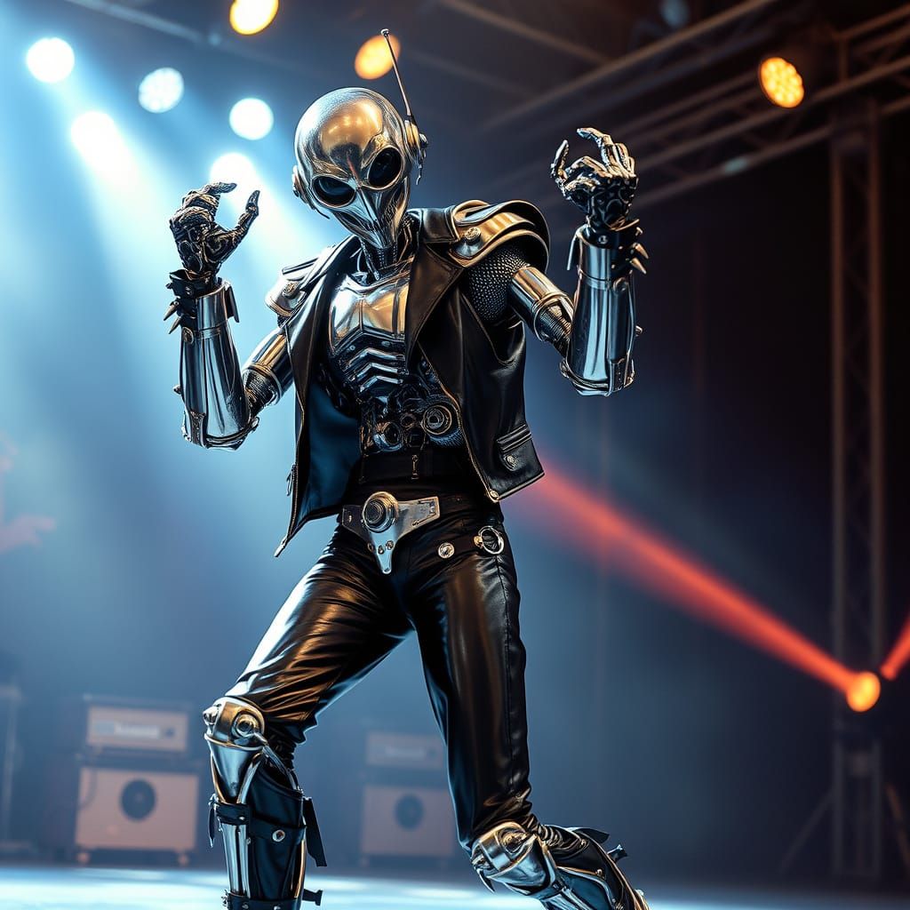 Chrome Robot in High-Energy Heavy Metal Concert