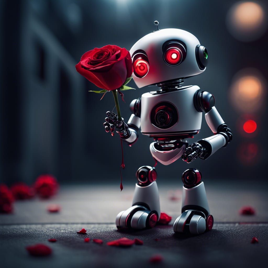Sad Robot with Rose: Hyperrealistic 50mm Photography
