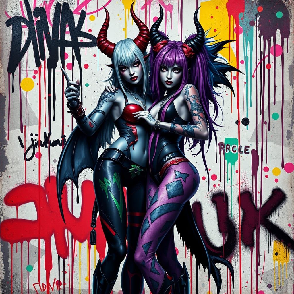 Edgy Duo: Morrigan and Jinx in Vibrant Graffiti Pose