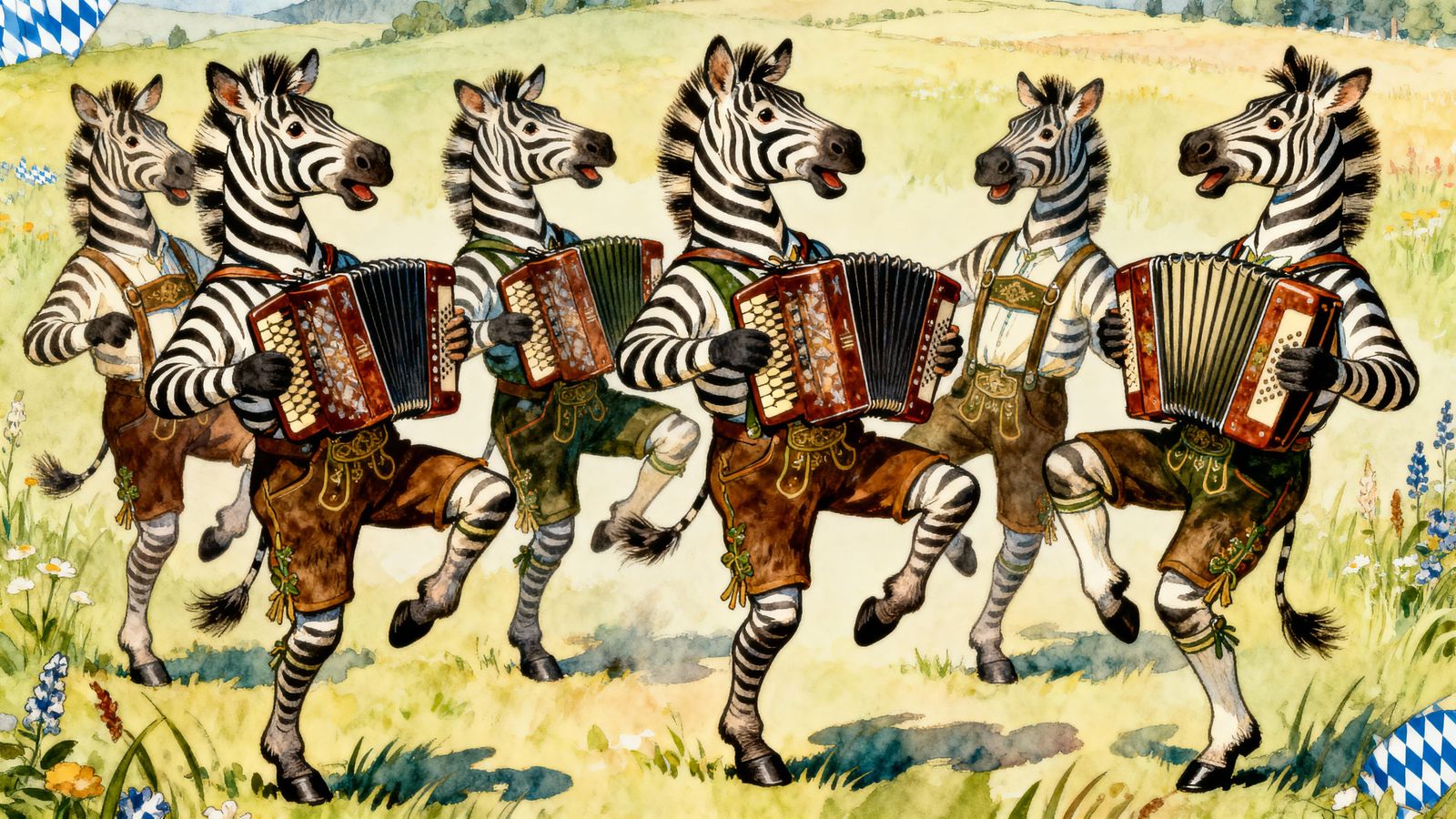 Zebras in Lederhosen Dancing with Accordions in Storybook St...