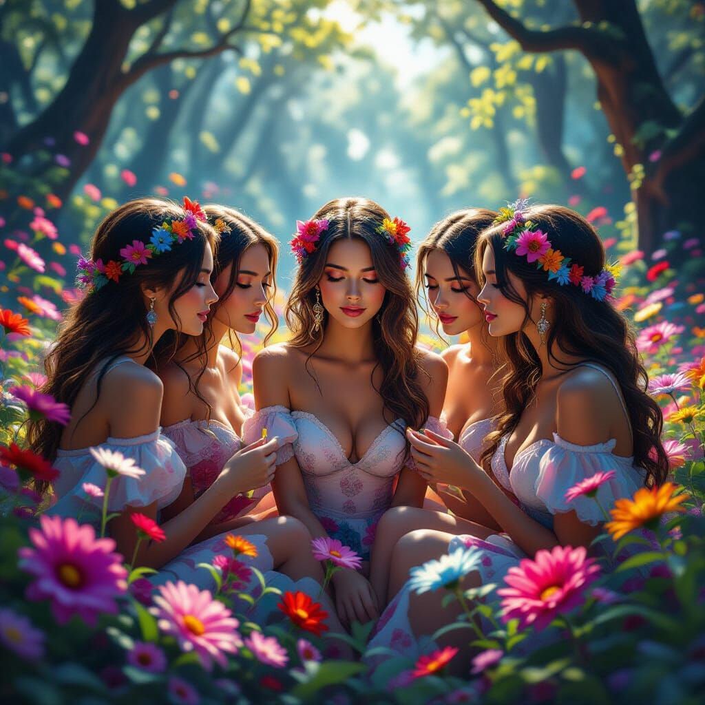 Beautiful Women in Vibrant Fantasy Forest