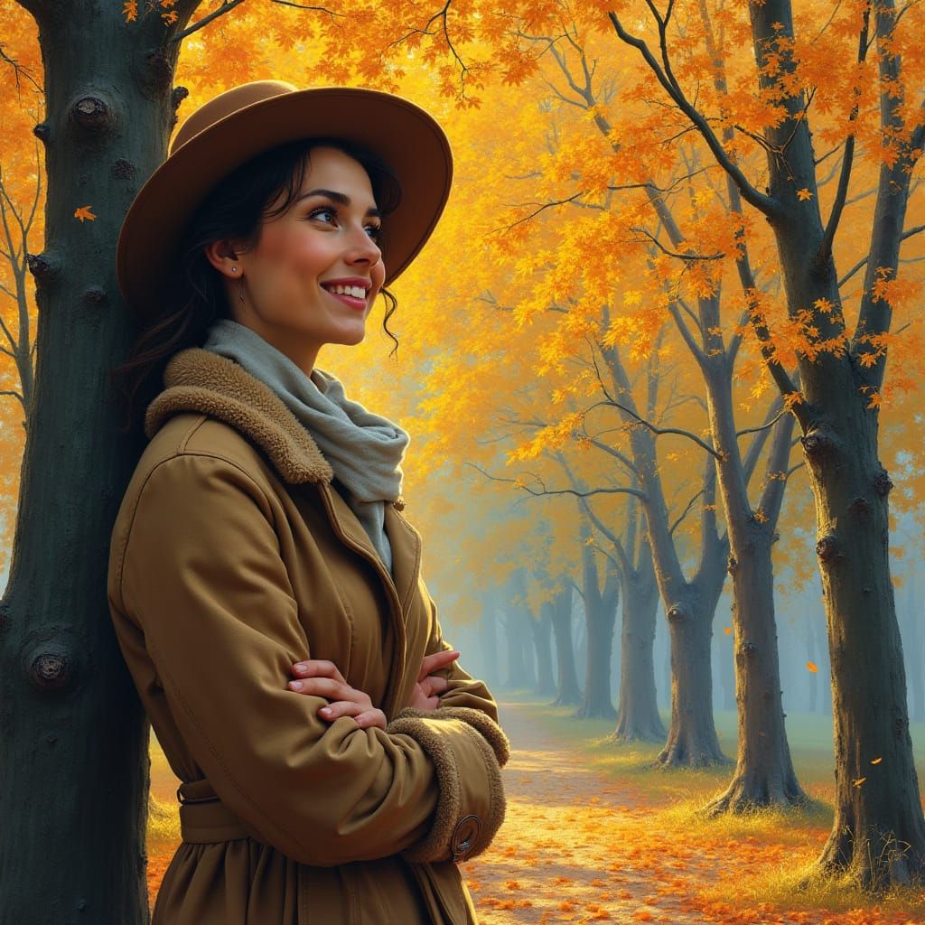 Elegant Woman Admiring Autumn Trees: Impressionist Style