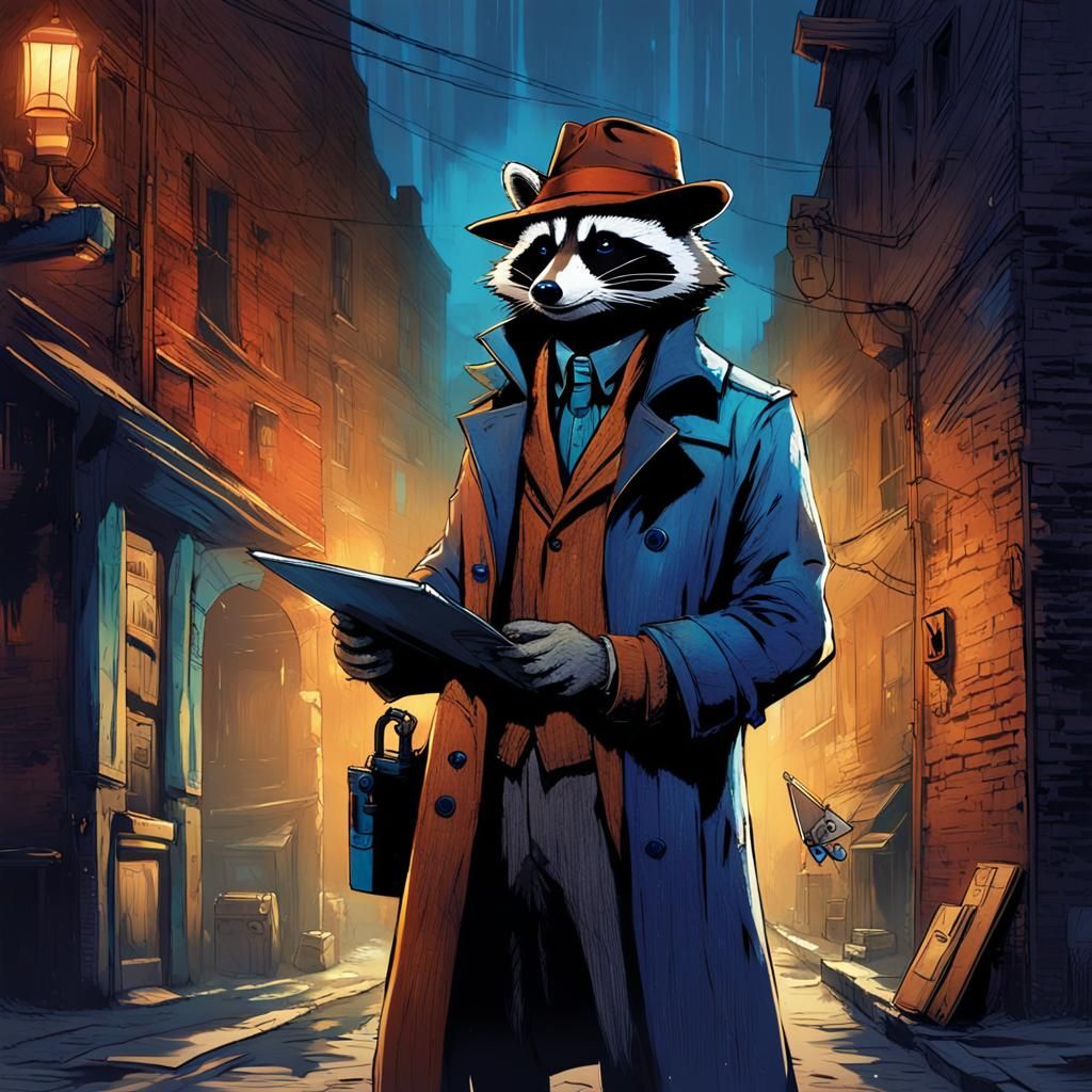 Raccoon Debt Collector in Dimly Lit Alleyway