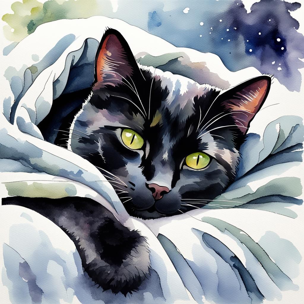 Cozy Black Cat Napping in Watercolor Style