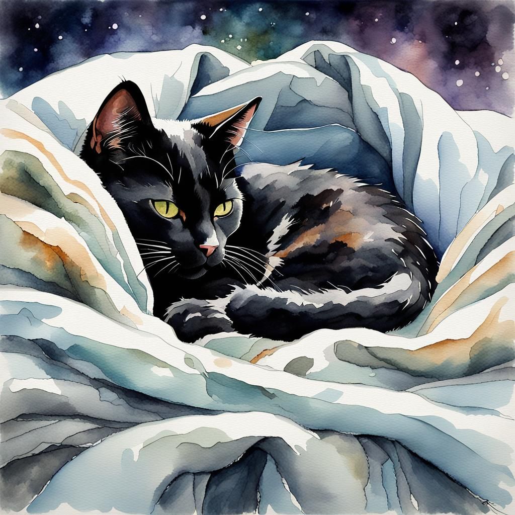 Black Cat Napping in Cozy Blanket Watercolor