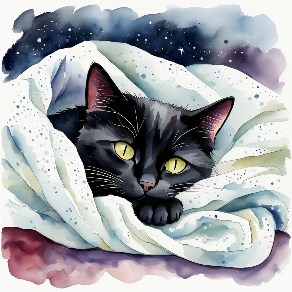 Cozy Black Cat Nap in Watercolor Style