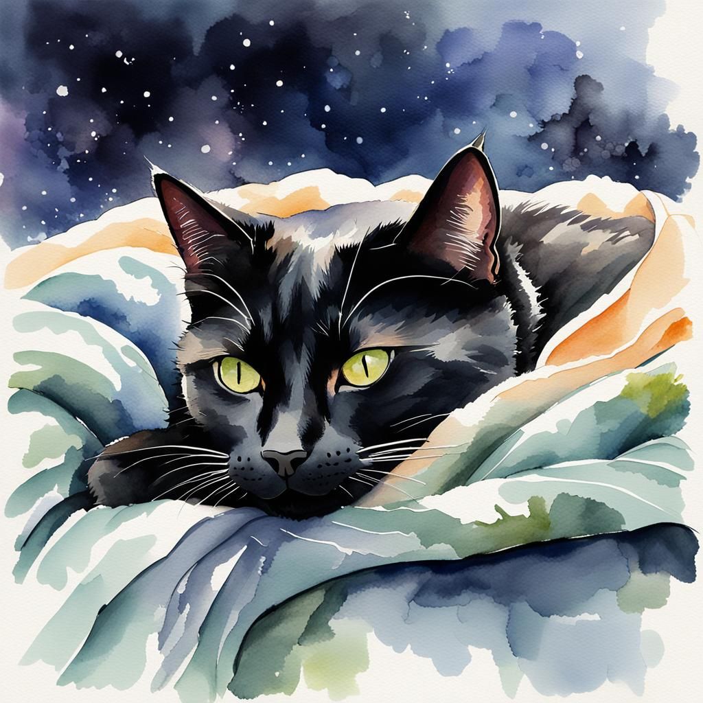 Black Cat's Cozy Nap: A Watercolor Splash Art