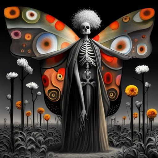 Santa Muerte Butterfly In flight,  in a Million Marigolds And Winter  Tree dreamscape, Salvador Dali collaboration Paul ...