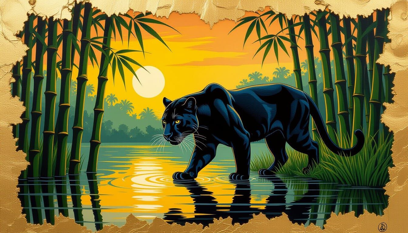 Panther in Bamboo Forest: Impasto Oil Painting