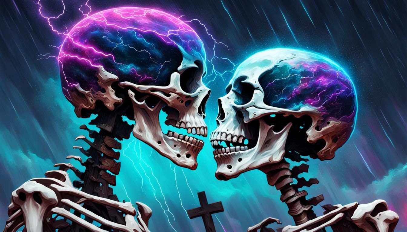 Neon Skeleton Lovers in a Stormy Space Cemetery