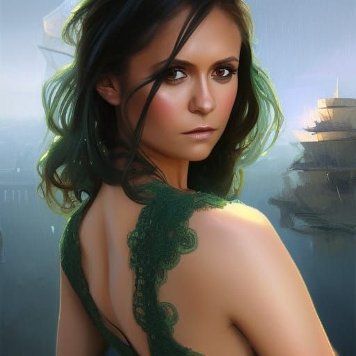 Nina Dobrev Portrait with Castle, Hyperdetailed Art