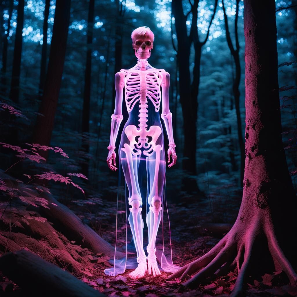 Albino Woman with Neon Skeleton in Dark Woods