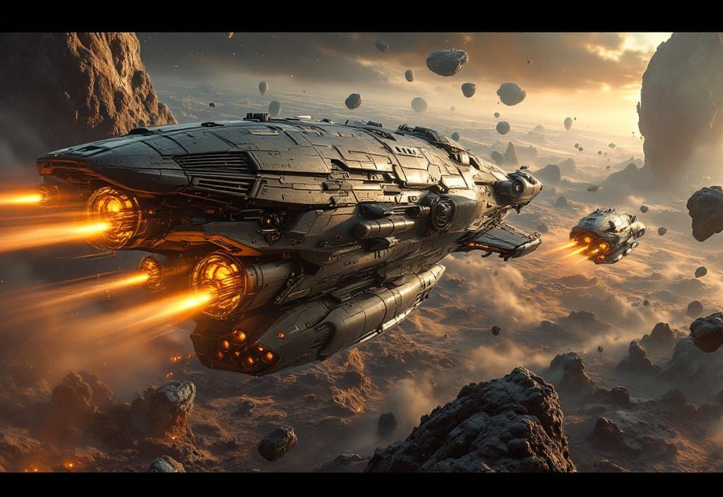 Sci-Fi Spacecraft Races Through Asteroid Belt