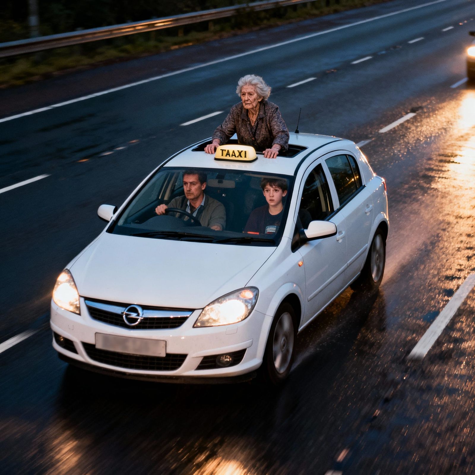 Elderly Woman Rides Taxi Roof on Dual Carriageway
