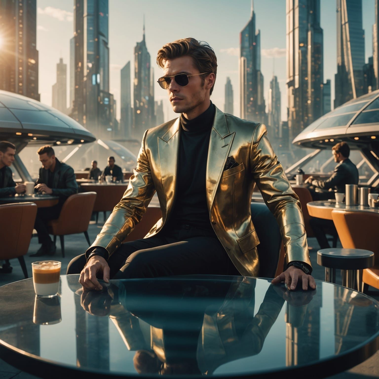 Futuristic Cityscape with Man at Coffee Table