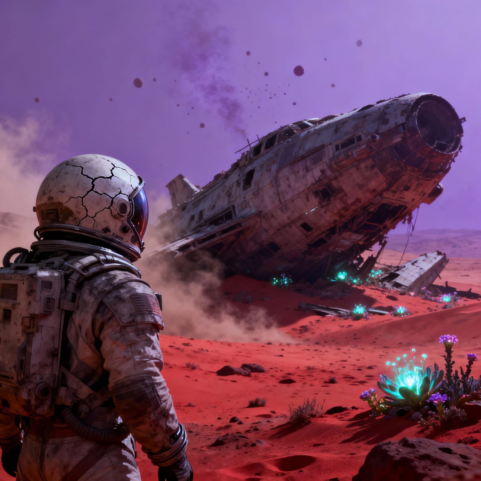 Astronaut Discovers Wrecked Spaceship on Alien World