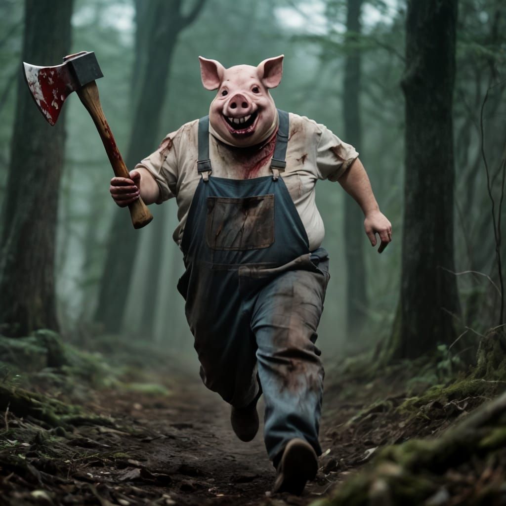 Bloody Pig Masked Man Chases Through Forest