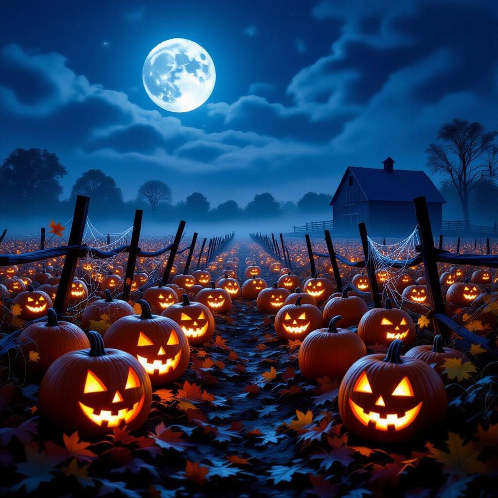 Halloween Pumpkin Field Under Full Moon