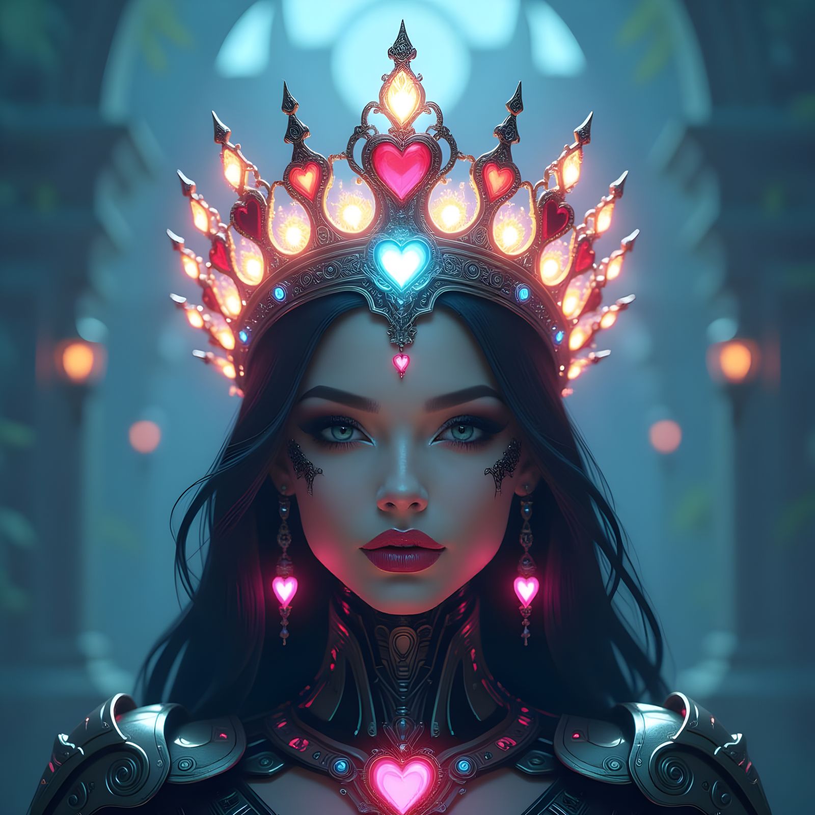 Regal Cyborg Queen of Hearts in Futuristic Crown