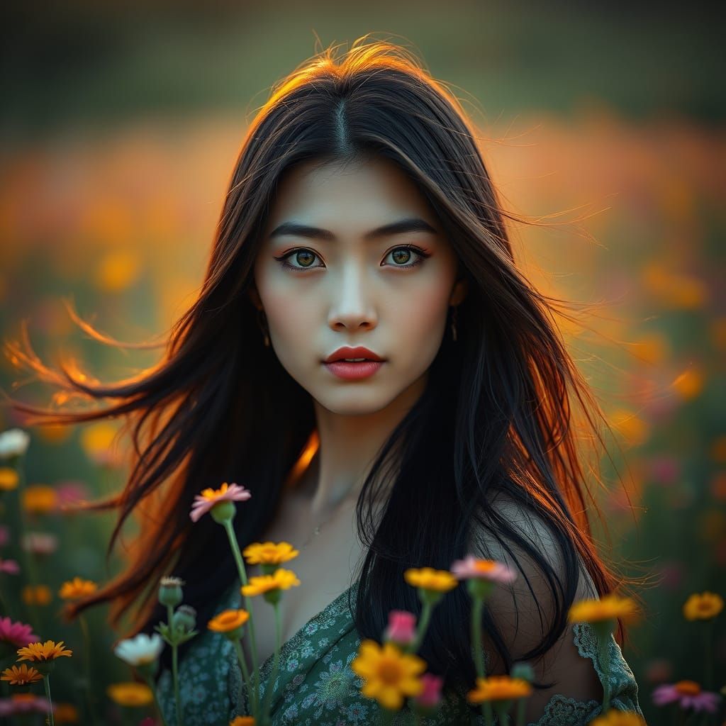 Japanese Woman in Wildflower Field at Dawn