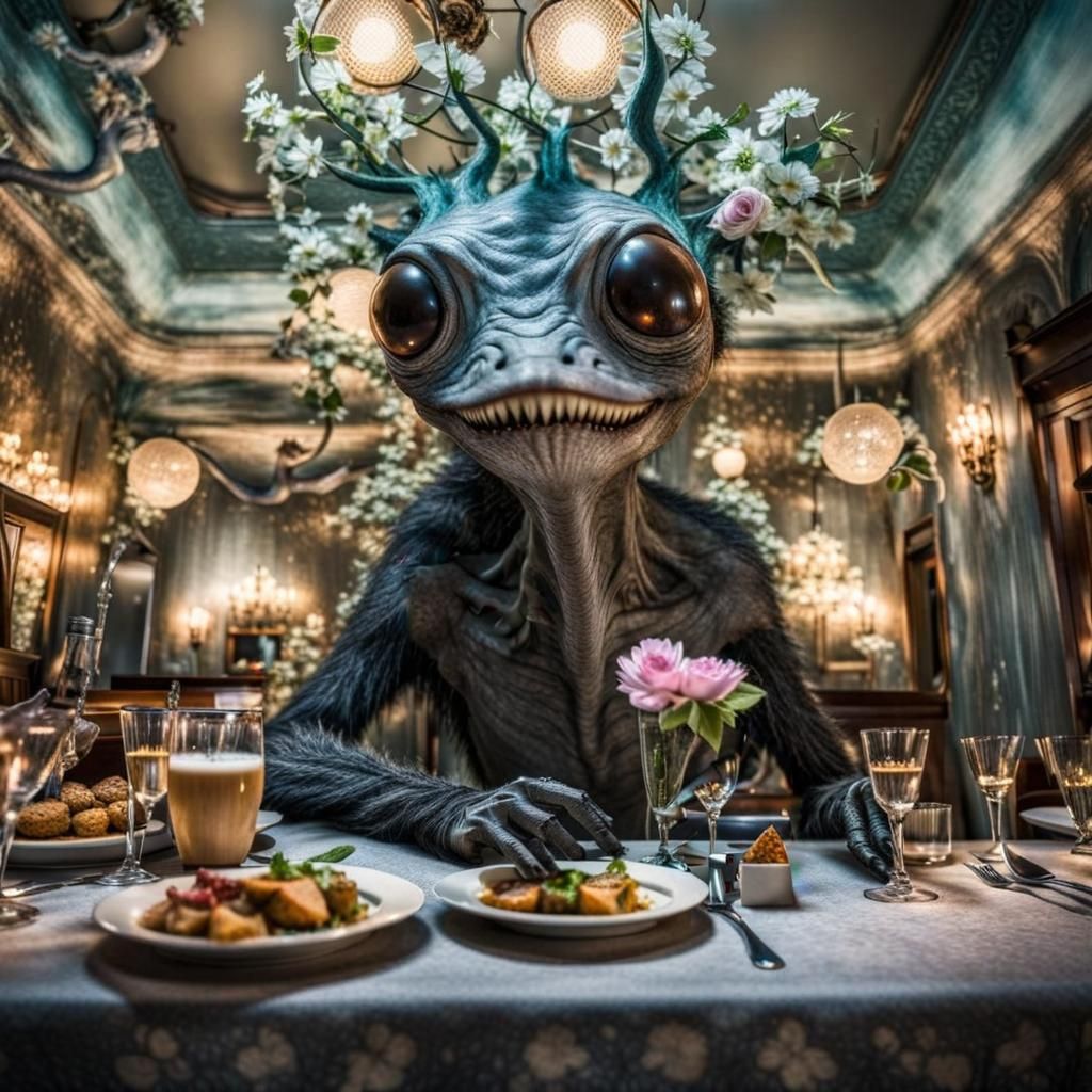 Surreal Restaurant Scene with Celebrating Aliens