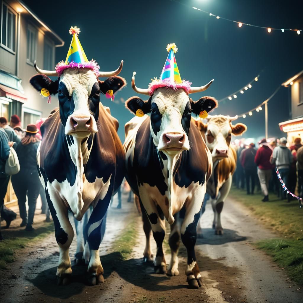 Humorous Portrait of Cows After a Party