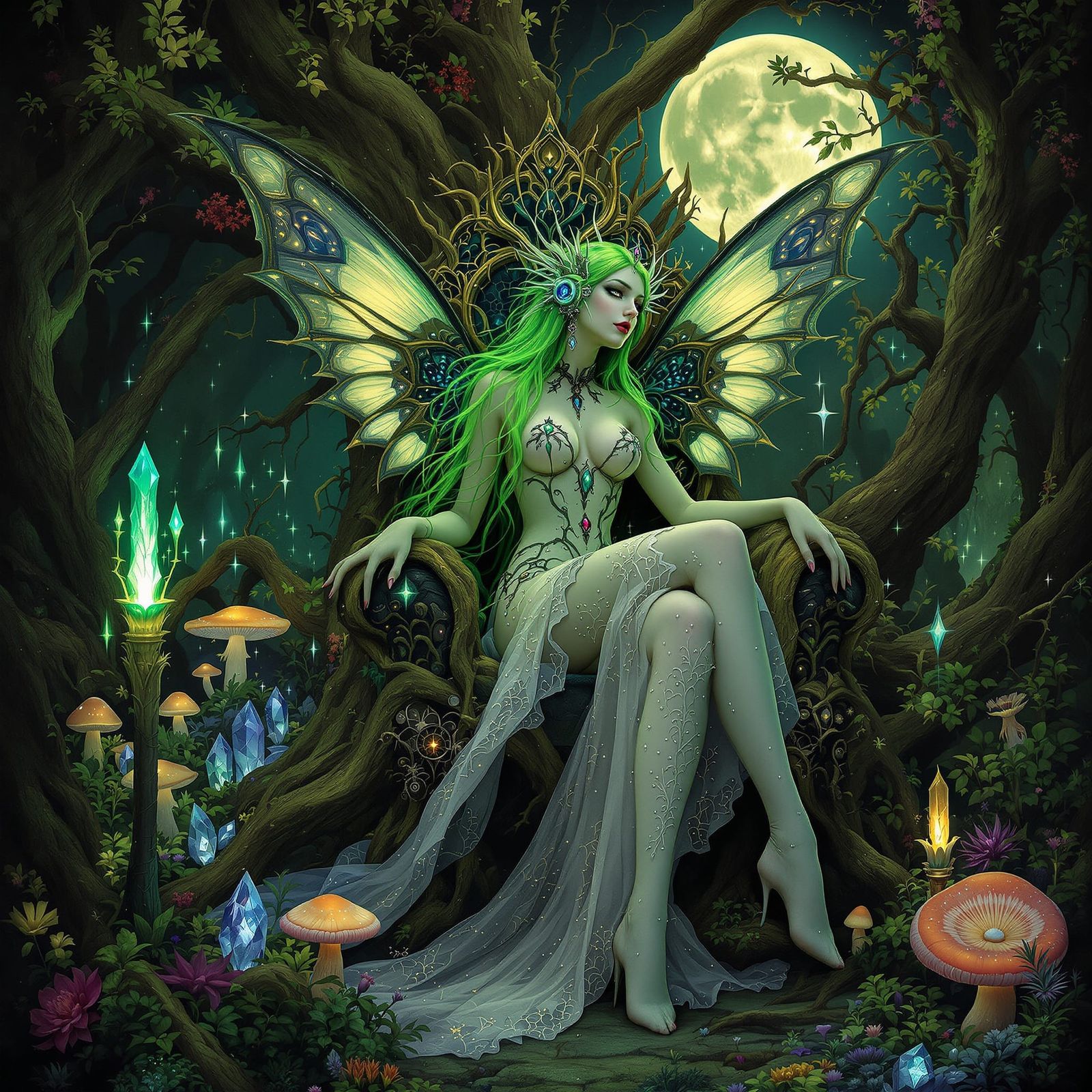 Gothic Fairy on Root Throne in Art Nouveau Style