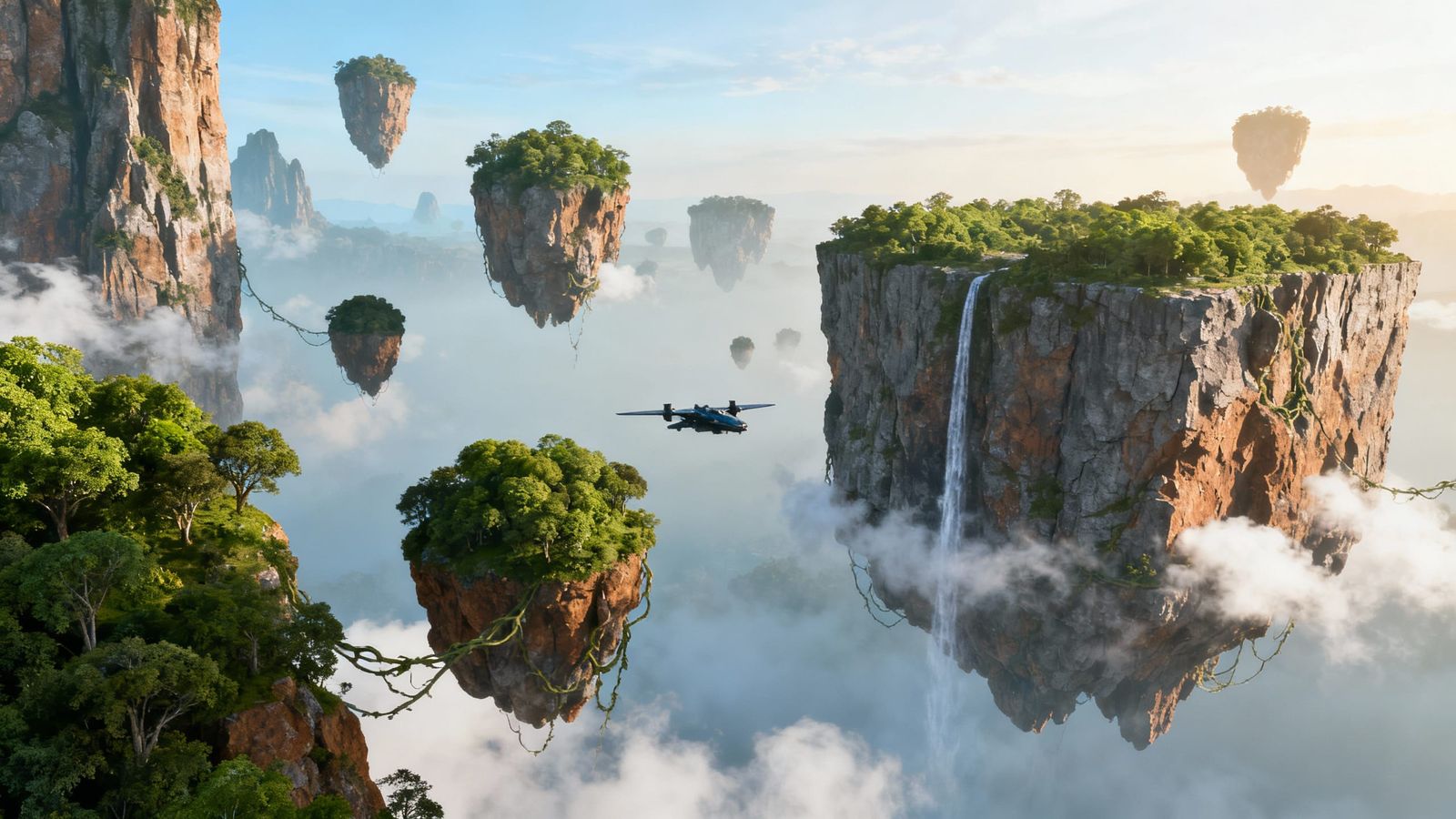 Floating Islands with Lush Vegetation and Waterfall