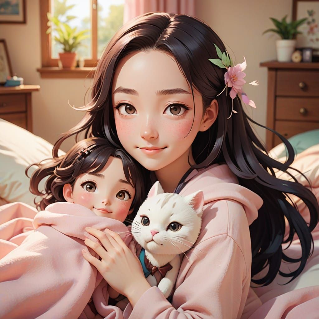Nezuko Smiles in Cozy Bedroom Scene, Inspired by Makoto Shin...