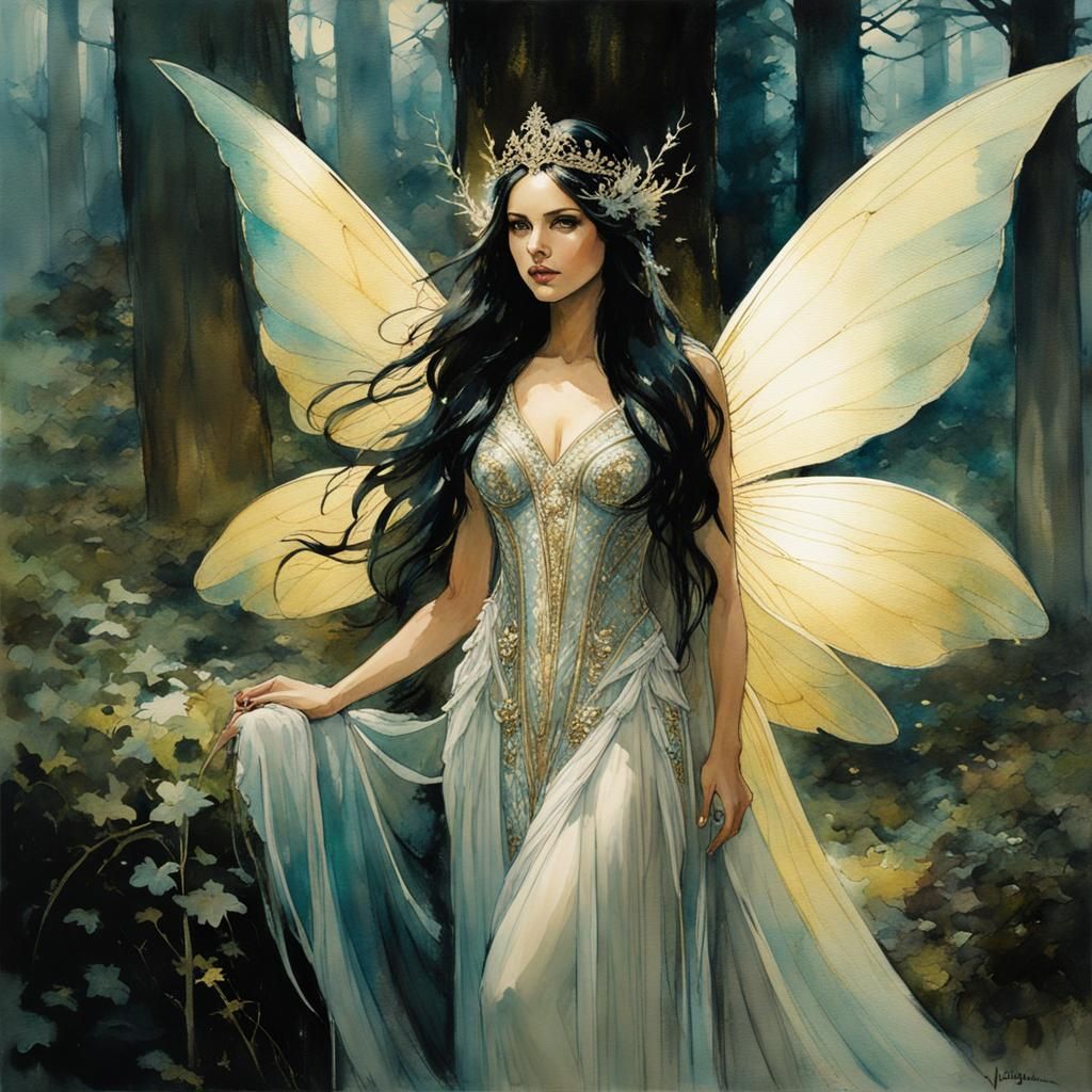 Goddess-Like Fairy in Enchanted Forest as Watercolor Paintin...