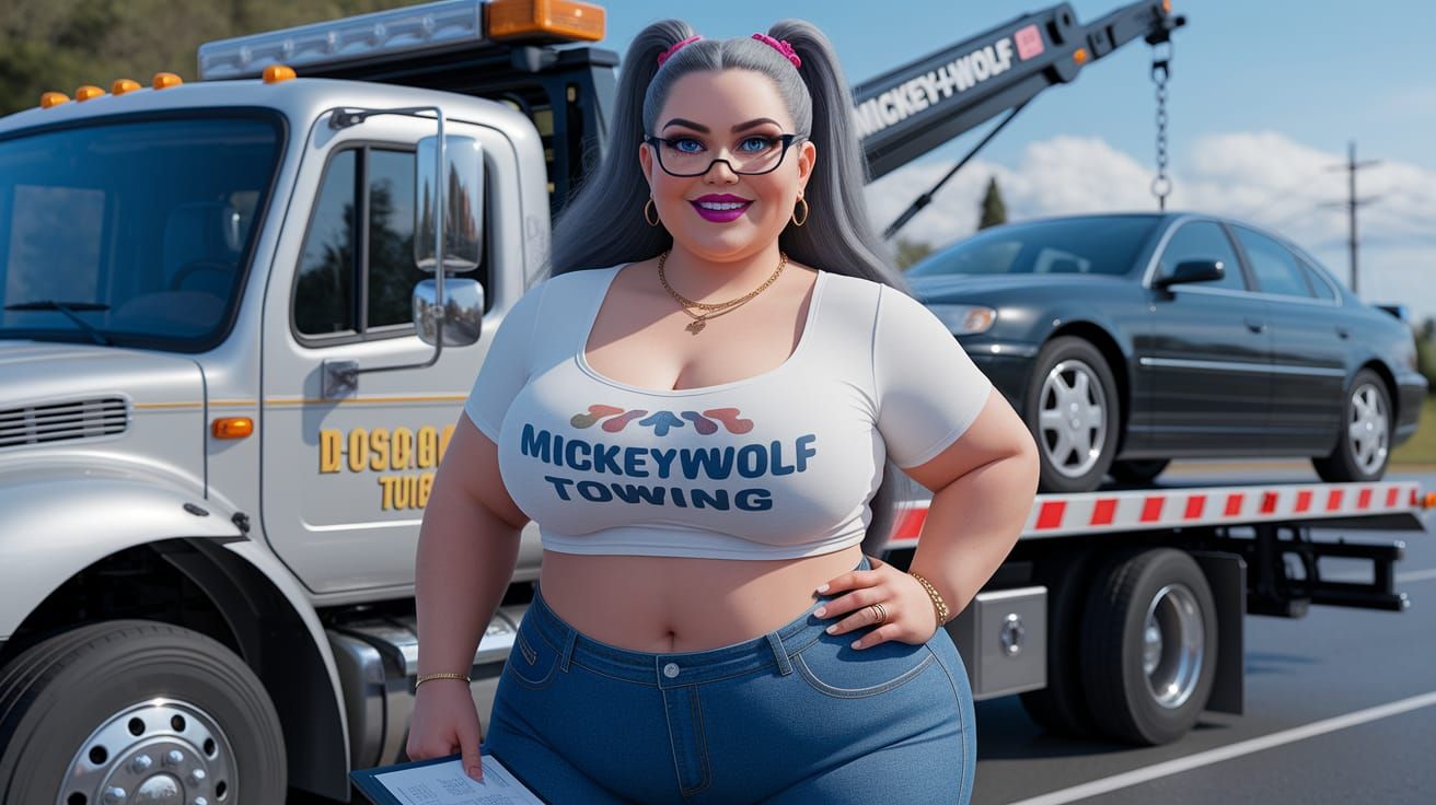 Stunning Curvy Female Towing a Car in Ultra Realistic Style